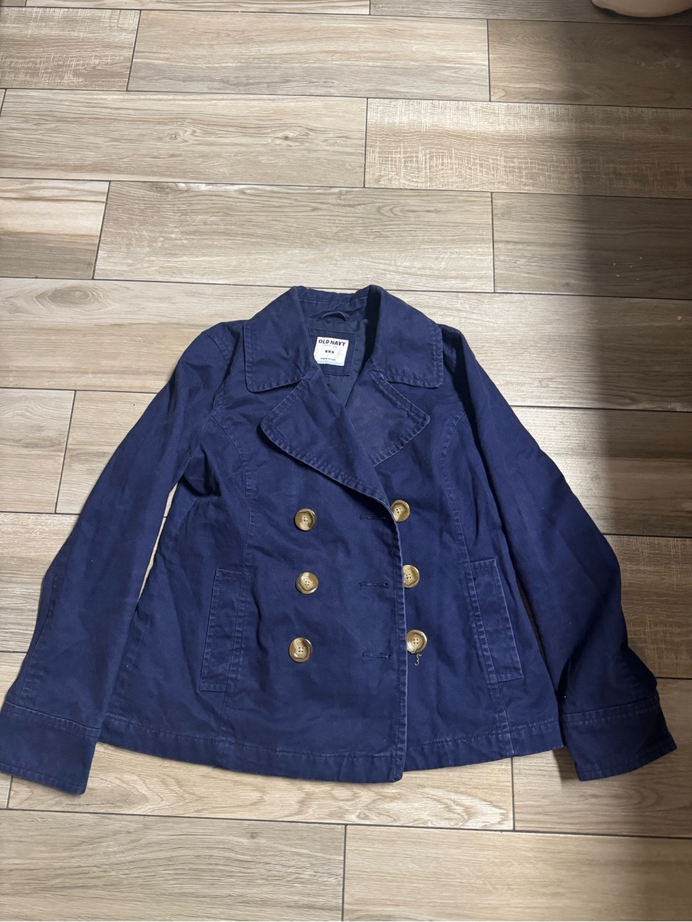 Old Navy Navy Double-Breasted Pea Coat with brown cream Buttons size M